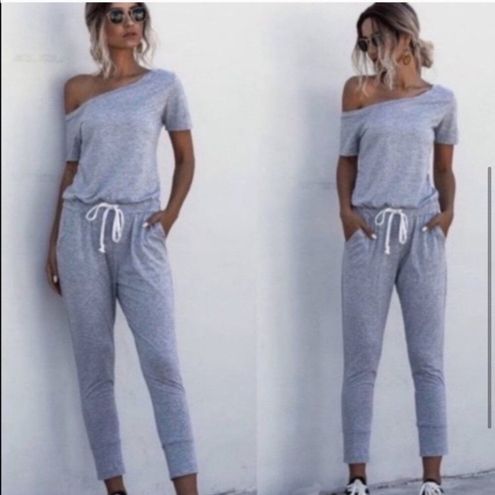 Off Shoulder Gray Jumpsuit - Picture 3 of 3